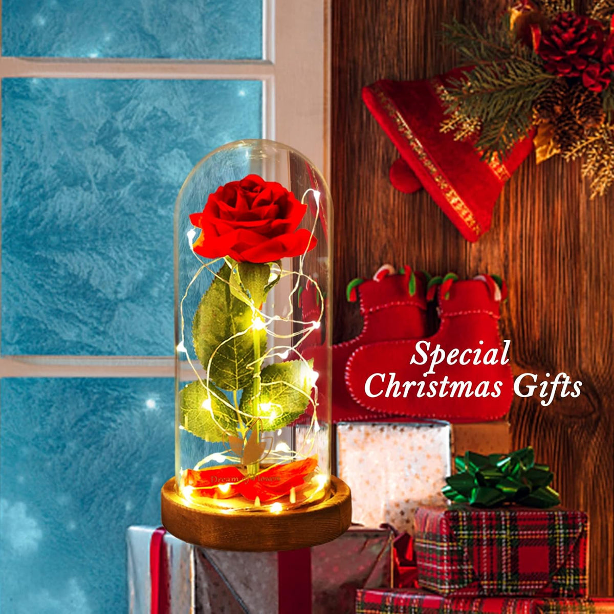 Beauty and the Beast Red Rose in Glass Dome with Fairy Light String, Valentine Rose Gift for Her, Gifts for Girlfriend, Mother'S Day Gifts