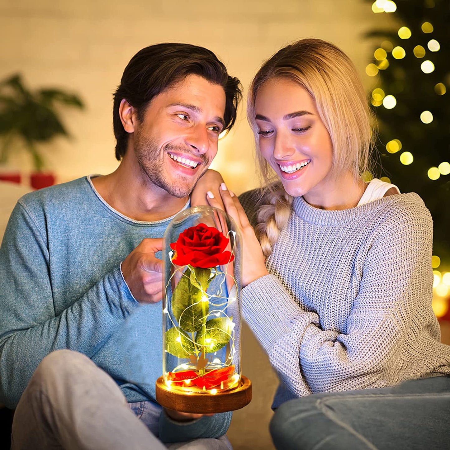 Beauty and the Beast Red Rose in Glass Dome with Fairy Light String, Valentine Rose Gift for Her, Gifts for Girlfriend, Mother'S Day Gifts