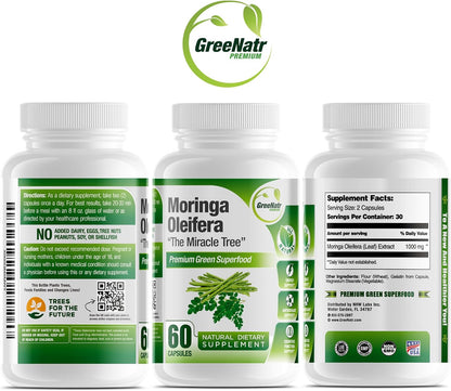 Pure Moringa Oleifera Leaf Extract Capsules, 1000 Mg per Serving. Gluten Free, NON GMO, Vegan Antioxidant Capsules. Natural Energy, Mood, Memory and Focus Enhancer. Premium Green Superfood (Pack of 3)