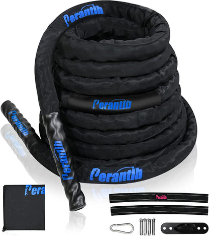 Battle Rope with Wear-Resistant Nylon Protective Sleeve ，Heavy Battle Rope for Strength Training Home Fitness Exercise Rope， Anchor Strap Kit Included